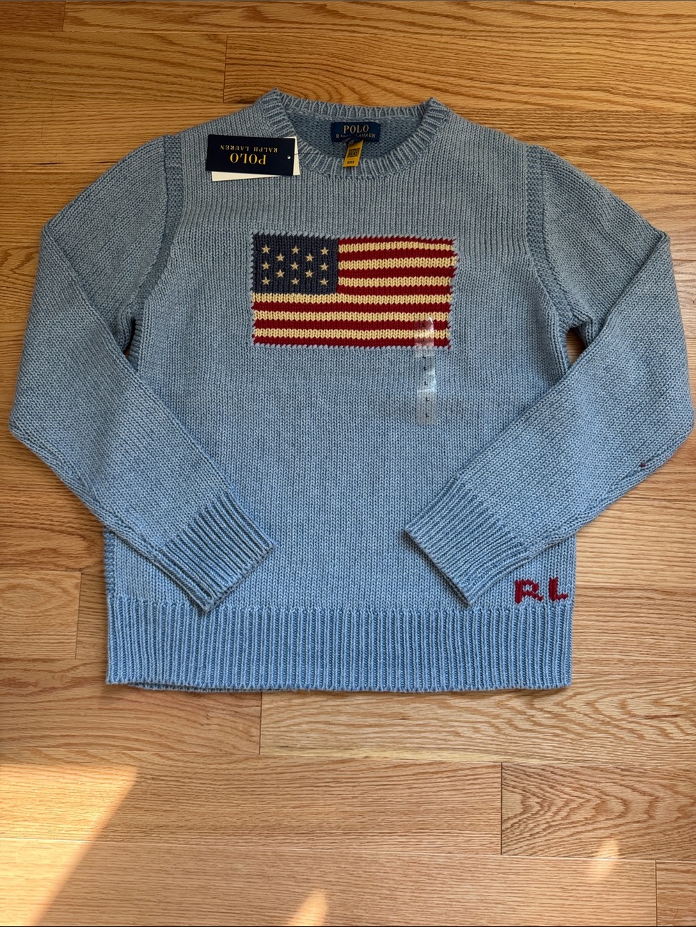 Polo by Ralph Lauren Light Blue Crewneck Sweater with Knit American Flag